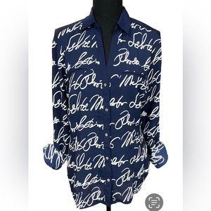 7th Avenue New York & Company Navy White Shirt Button Down Versatile Sleeve Lg